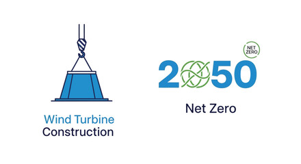 Vector illustration of wind turbine construction and net zero 2050 logo isolated on