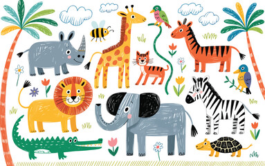 safari jungle animals Whimsical hand drawn illustration for kids