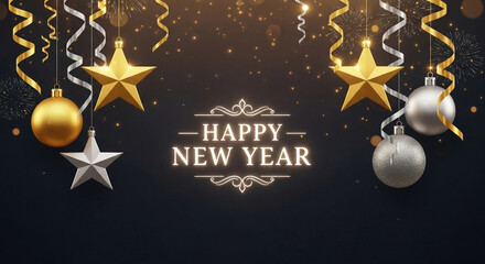 Happy new year greeting card features golden and silver decorations, stars, ornaments, ribbons against dark bokeh background