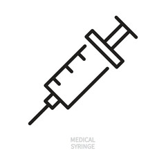 Medical syringe line icon. Black outline sign. Injection symbol. Medicine, hospital, health, healthcare, concept. Vector illustration. Editable stroke. Isolated on a white background. Flat design.