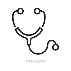 Stethoscope line icon. Black outline sign. Medical symbol. Medicine, hospital, health, healthcare, concept. Vector illustration. Editable stroke. Isolated on a white background. Flat design.