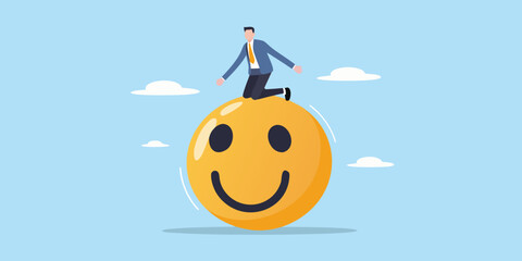 Obraz premium Businessman riding a giant happy face symbol in the sky