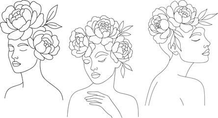 Flower Head Woman Illustration set – Surreal Botanical Line Art.