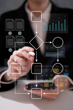 Professional entrepreneur businessman workflow process project management planning strategy system data analysis marketing flowchart algorithm laptop business concept