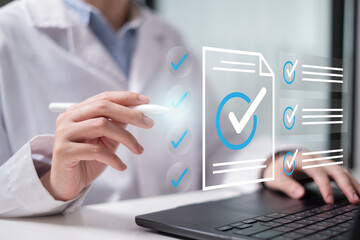 Professional medical healthcare worker doctor physician working on exam assessment patient checklist document report diagnosis treatment