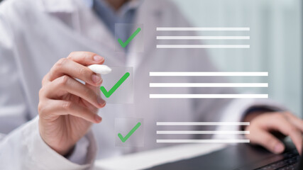 Professional doctor physician working on futuristic health care electronic medical record EMR document report patient information diagnosis treatment and management checklist hospital technology