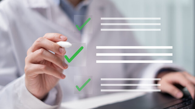 Professional doctor physician working on futuristic health care electronic medical record EMR document report patient information diagnosis treatment and management checklist hospital technology