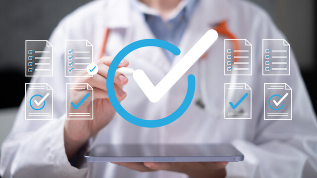 Professional medical health care worker doctor physician working in assessment checklist medicine patient review diagnosis and treatment analysis information in hospital