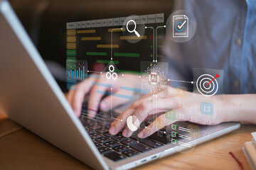 Programmer work bringing new technology innovation ai artificial intelligence workflow automation flowchart system diagram algorithm into business project management improve efficiency productivity