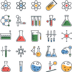 Scientific research and chemistry laboratory equipment icons