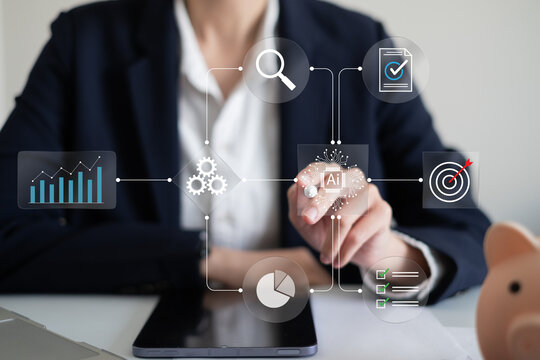 Professional entrepreneur businessman using ai artificial intelligence improve business workflow flowchart diagram system algorithm project management planning strategy data analysis laptop streamline