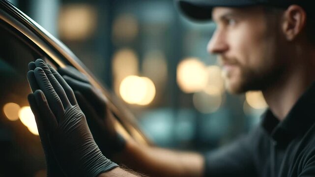 Car window tinting installation process defocused detailing studio, faceless automotive work, tinting visualization detail, blurred workshop background, detailing concept, installa