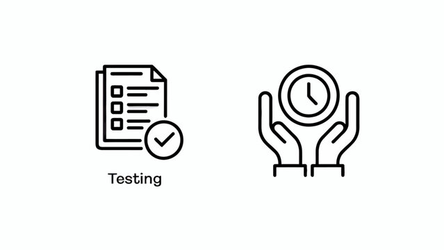 Software Quality Assurance Testing and Project Time Management Concepts Depicted Through Minimalist Line Icons on White Background