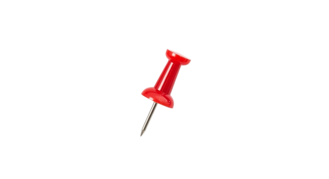 A single bright red thumbtack with a sharp metal pin stands out against a stark black background isolated and focused