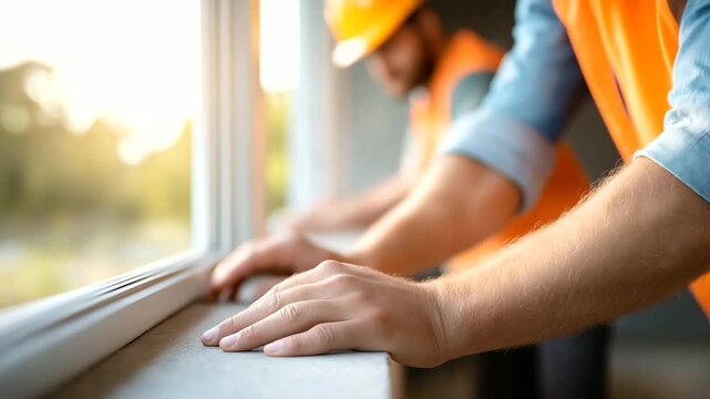 Two builders in hard hats fitting defocused window frame, faceless construction workers, installation visualization detail, blurred high visibility background, building concept, sa