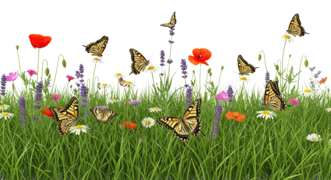 Spring flowers and grass with butterflies flying, isolated on white - Powered by Adobe