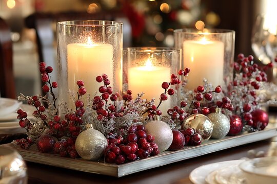 A festive table centerpiece with glass candles, frosted berries, and shimmering ornaments