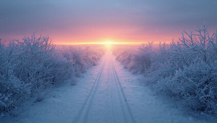 long winding path through a serene snowy landscape with dense frosted trees and delicate snowflakes gently falling