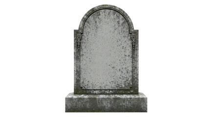 An ancient weathered grey stone tombstone with an arched top stands isolated against a stark black background