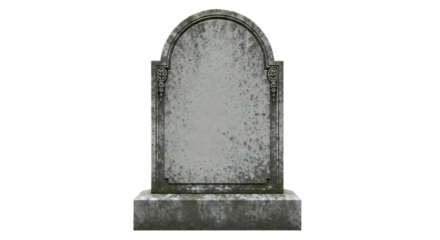 An ancient weathered grey stone tombstone with an arched top stands isolated against a stark black background