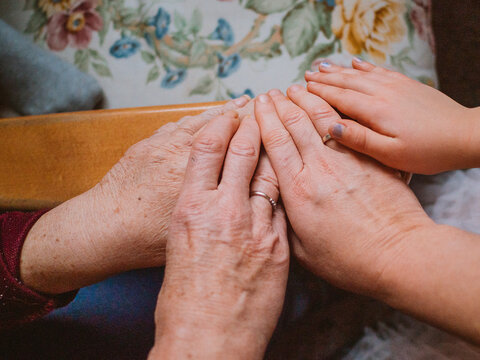 Four generations of women place their hands together, symbolizing connection and continuity. Young and aged hands signify the beautiful evolution of family life over time. - Powered by Adobe