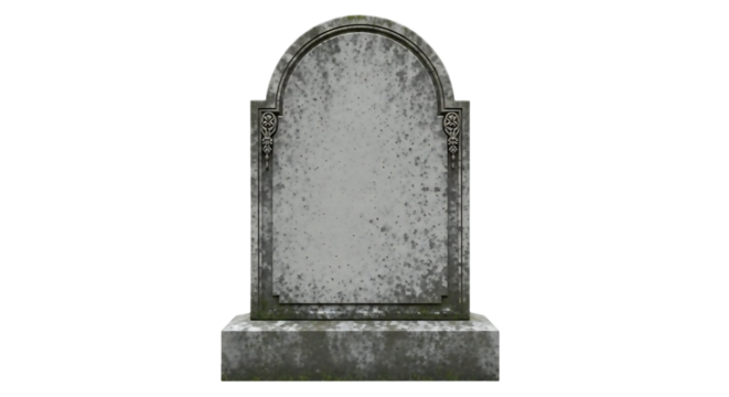 An ancient weathered grey stone tombstone with an arched top stands isolated against a stark black background