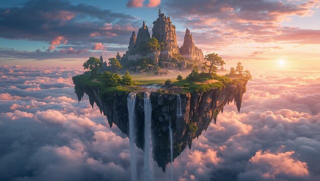 majestic floating island suspended in the sky above a sea of fluffy white clouds, with multiple waterfalls cascading down from the island's edges, their misty tendrils falling