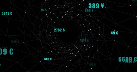 On start currency vortex rotating, neon labels emerging, scaling, drifting showing shifting values - Powered by Adobe