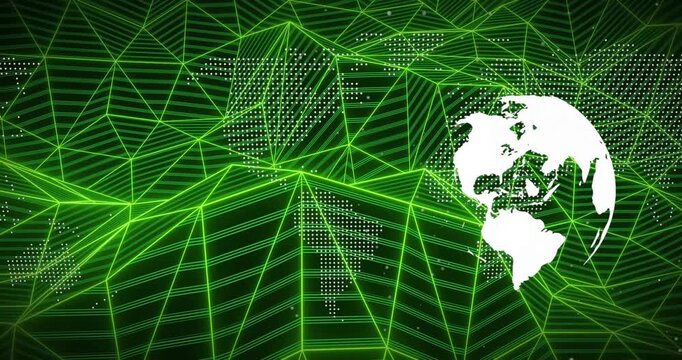 On play white globe rotating and drifting right while neon green mesh pulsing to convey network