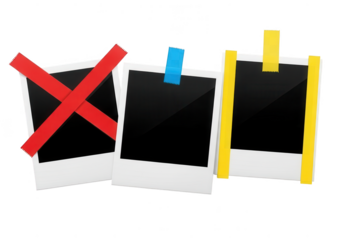 Three instant photo frames with different tapes isolated on transparent background