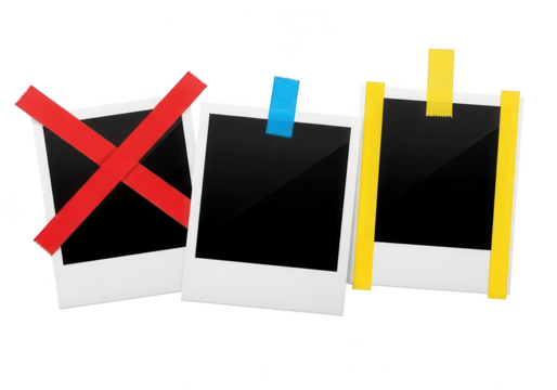 Three instant photo frames with different tapes isolated on transparent background