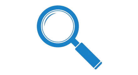 A vibrant blue magnifying glass icon with a thick outline isolated on a stark black background symbolizing search and discovery