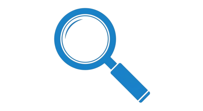 A vibrant blue magnifying glass icon with a thick outline isolated on a stark black background symbolizing search and discovery
