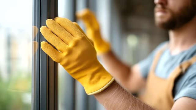 Construction worker in gloves installing defocused sliding window, faceless protective work, window visualization detail, blurred new house background, installation concept, safety