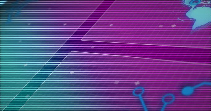 Retro tech graphic starting globe emerging, shifting left while circuit nodes glowing for branding