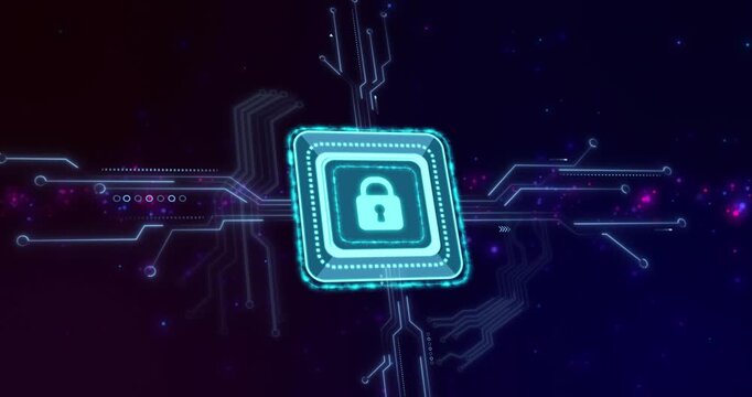 Cyan module appearing center, rotating and pulsing, circuits animating outward, showing locked icon