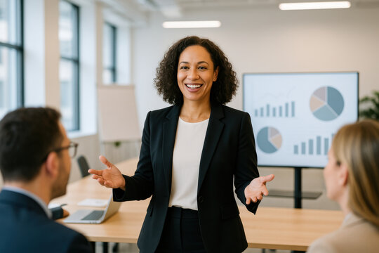 Dynamic businesswoman presenting financial data to colleagues in modern office with confidence and enthusiasm