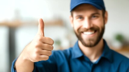 Confident plumber giving thumbs up defocused modern home, faceless fixing services, professional visualization detail, blurred residential background, service concept, positive int