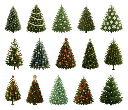 PNG Diverse festive Christmas tree designs, transparent background