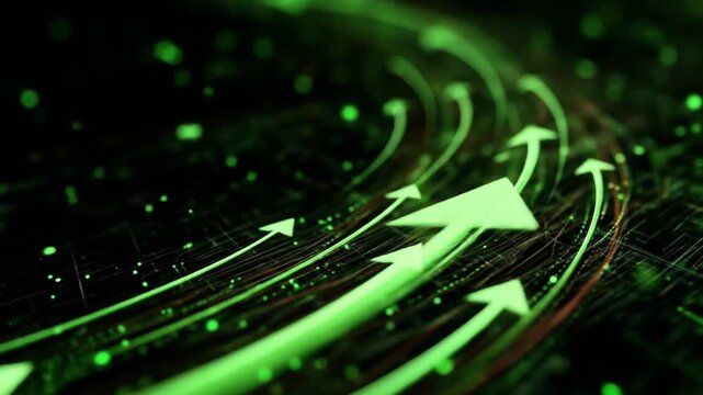 Abstract vibrant green arrows symbolizing exponential growth, data visualization, digital technology, and forward movement