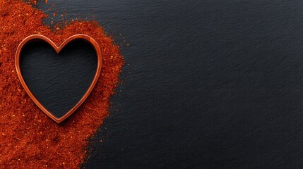A heart-shaped cookie cutter rests on a bed of red spice, creating a visually appealing contrast against a black background.