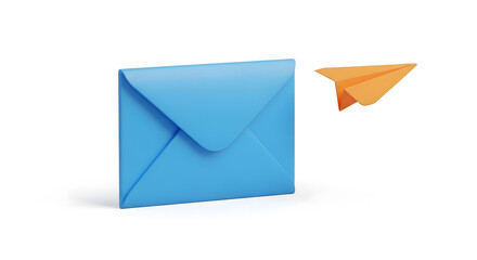 A blue mail envelope stands upright next to an orange paper airplane, representing message sending