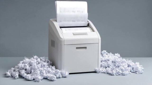 White Paper Shredder Surrounded by Piles of Shredded Documents in Office Setting 4k video footage