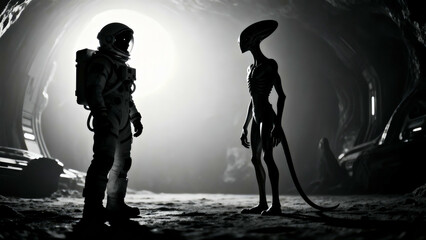 Astronaut encounters an alien in a dark cave with a bright light in the background creating a mysterious and intriguing scene perfect for science fiction and fantasy themes