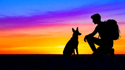 Silhouette of a man with a backpack and his dog sitting against a vibrant sunset sky with orange purple and blue hues creating a peaceful and serene outdoor scene perfect for adventure and companionsh