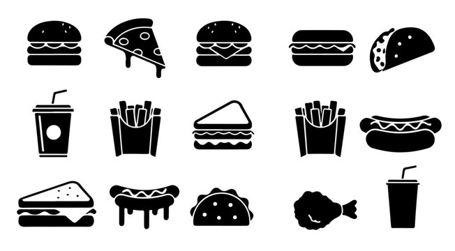 Delicious black and white fast food icons for restaurant menu design and branding