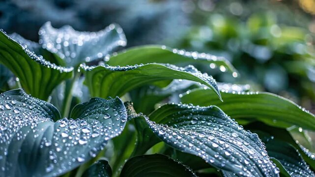 Dew-Kissed Hosta Leaves - A Serene Garden Morning.