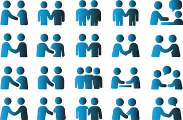 Modern gradient blue icon set illustrating various forms of human interaction, fostering partnership, teamwork, communication, and collaborative efforts for business and social projects