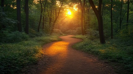 Fototapeta premium Sunlit Forest Pathway at Golden Hour with Dappled Light