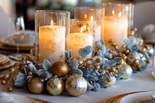 A festive table centerpiece with glass candles, frosted berries, and shimmering ornaments - Powered by Adobe
